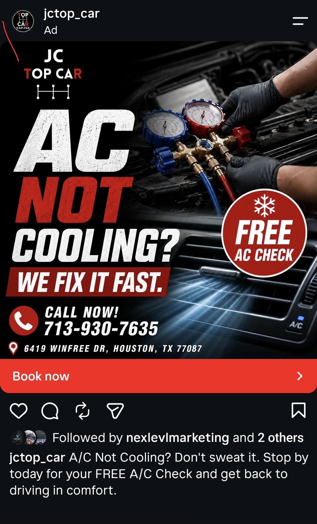 JC Top Car AC repair Instagram ad
